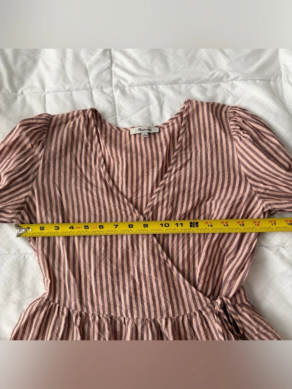 Madewell Puff Sleeve Peplum Wrap Top S Pink Stripes Cotton Preppy Peasant Boho